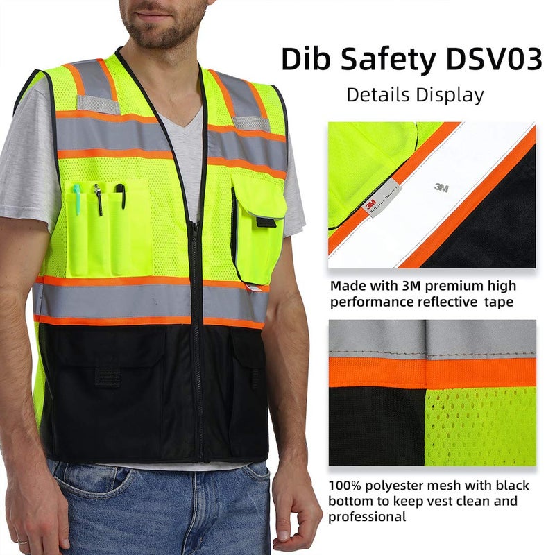 Dib Safety Vest Reflective with Pockets and Zipper, High Visibility Mesh ANSI Class 2, Made with 3M Reflective Tape, Yellow and Black 3XL - Image 3